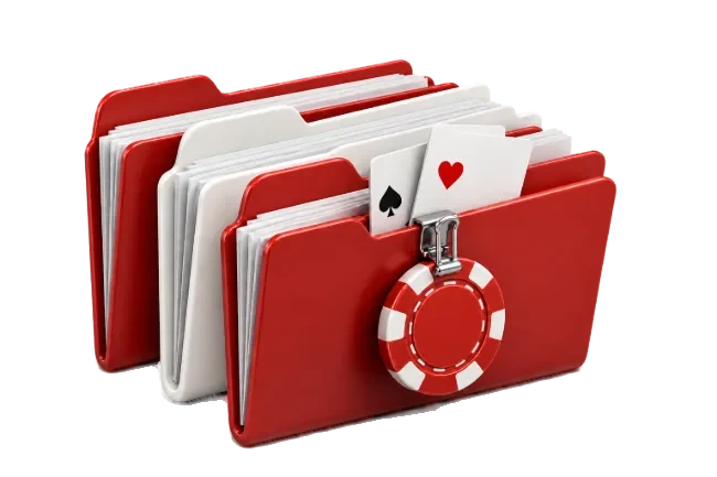 Casinoakten mit Spielkarten und einem angehefteten Chip.