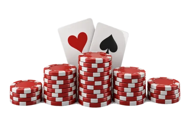Fünf unterschiedlich hohe Casino-Chipstapel mit Spielkarten.