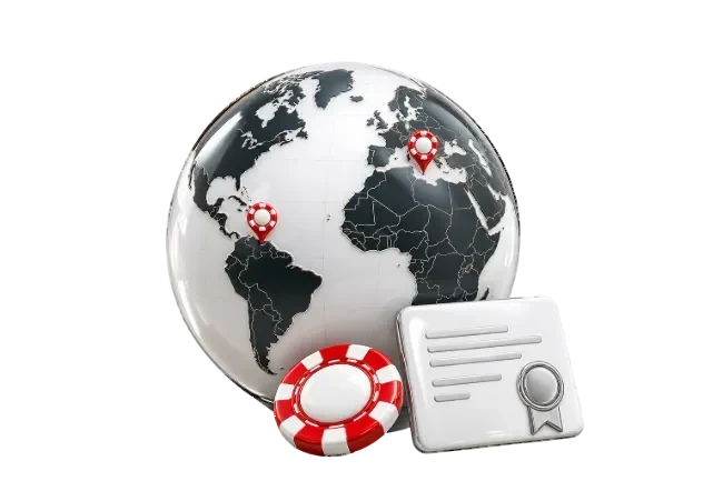 Globus mit Casinochip-Pins bei Malta und Curaçao.