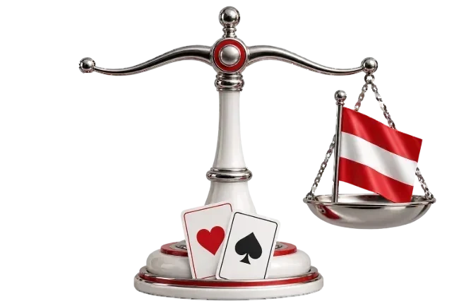 Eine Waage mit Casinochip und österreichischer Flagge.