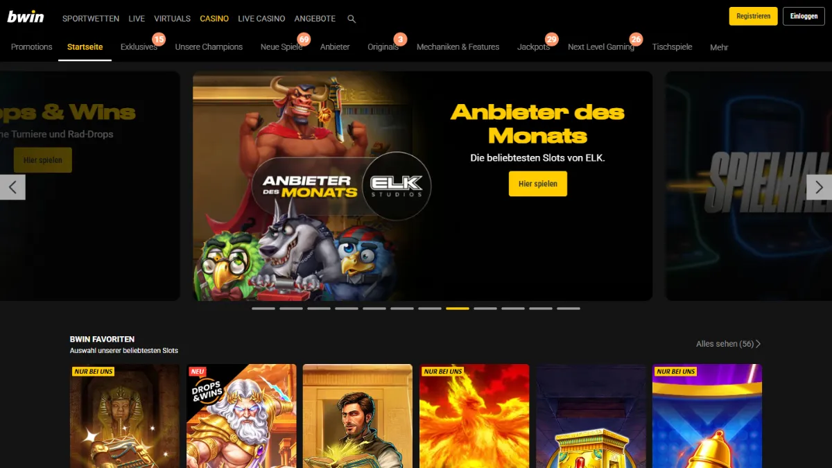 Screenshot der bwin-Casino-Startseite am 25. Oktober 2026, aufgerufen aus Österreich
