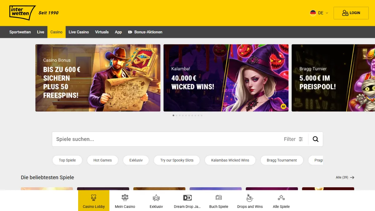Screenshot der Interwetten-Casino-Startseite am 25. Oktober 2026, aufgerufen aus Österreich