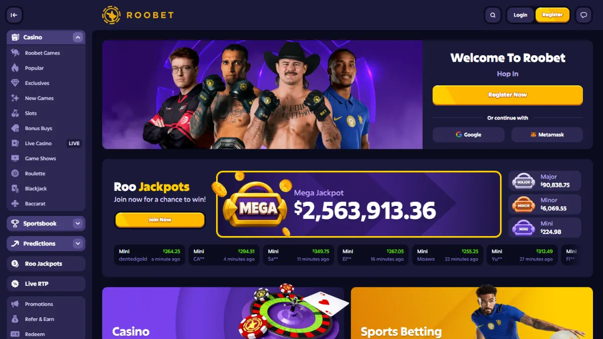 Screenshot der Roobet-Casino-Startseite am 25. Oktober 2026, aufgerufen aus Österreich