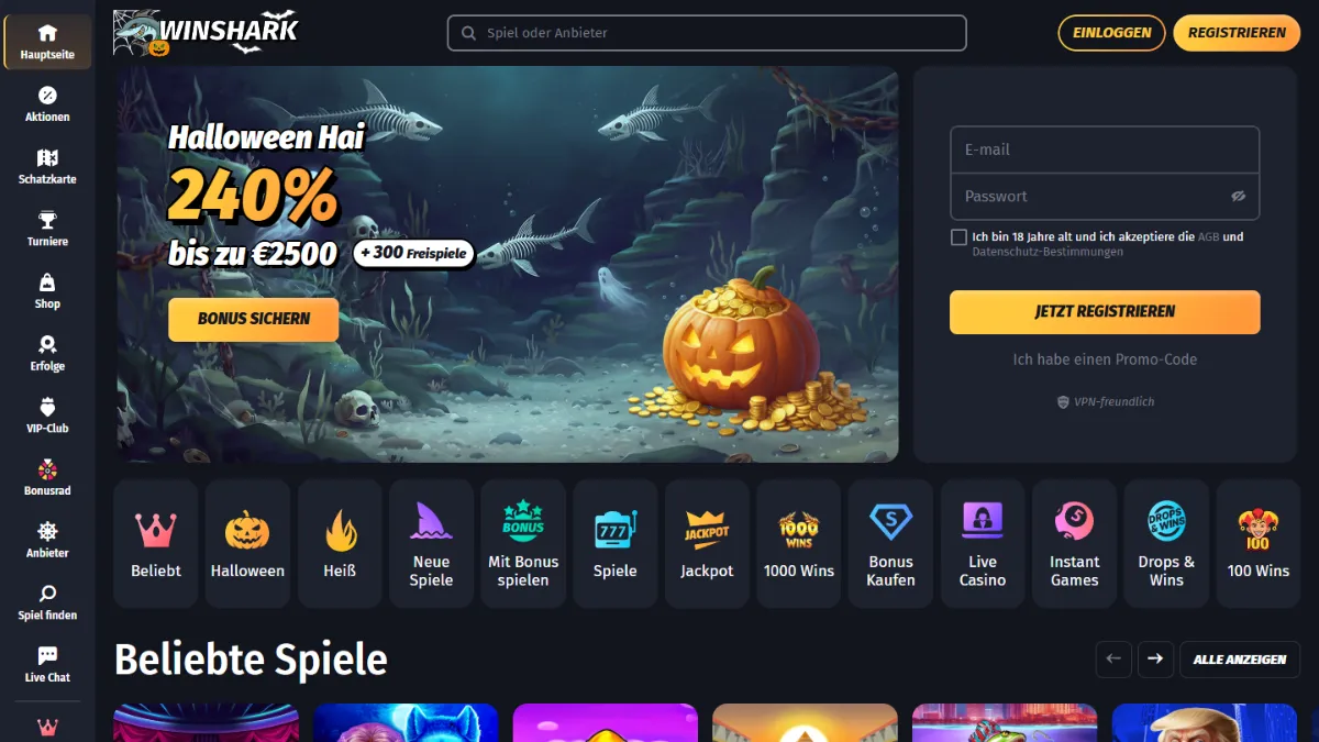 Screenshot der Winshark-Casino-Startseite am 25. Oktober 2026, aufgerufen aus Österreich